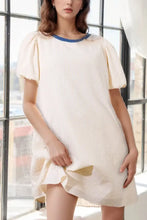 Stripe Seersucker Contrast Round Neck Puff Sleeve T Shirt Dress Cream Woman Casual Dress