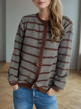 Striped Round Neck Long Sleeve Cardigan Dark Gray One Size Woman Outerwear