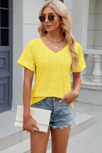 Eyelet V-Neck Short Sleeve T-Shirt Yellow Woman T Shirts