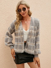Open Front Plaid Long Sleeve Cardigan Light Gray Woman Outerwear
