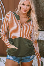 Drawstring Stripe Half Zip Long Sleeve Hoodie Woman Sweatshirts