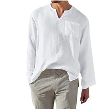 Men's Full Size Casual Notched Linen Long Sleeve Top Plus Size White Mens Tops