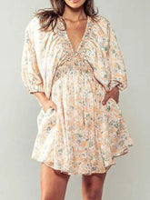 Floral V-Neck Balloon Sleeve Dress Apricot Woman Casual Dress