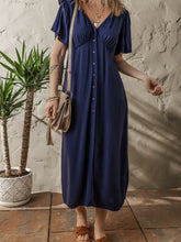 V Neck Buttoned Front Shirred Back Short Sleeve Midi Dress Woman Casual Dress