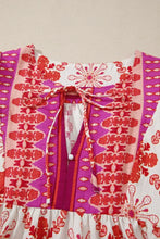 Boho Floral Short Sleeve Tie Neck Mini Dress Woman Casual Dress