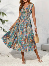 Smocked Printed Surplice Sleeveless Midi Dress Woman Casual Dress
