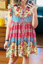 Floral Mixed Pattern Ruffle Flutter Sleeve Buttoned Dress Casual Dresses