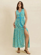 Slit Printed V-Neck Sleeveless Dress Teal Casual Dresses