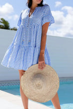 Gingham Short Sleeve Button Tie Split Neck Loose Mini Dress Casual Dresses