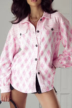 Geometric Print Textured Flap Pocket Shacket Pink Woman Outerwear