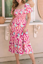 Geometric Print Puff Sleeve Square Neck Midi Dress Blush Pink Casual Dresses