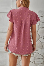 Women’s pink swiss dot notched cap sleeve blouse with mandarin collar