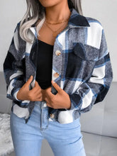 Plaid Collared Neck Long Sleeve Jacket Navy Woman Outerwear