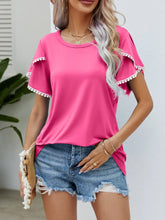 Pom-Pom Trim Flutter Sleeve Round Neck Tee Woman T Shirts