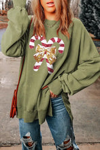 Sequin Candy Cane Round Neck Slit Sweatshirt Woman Sweatshirts