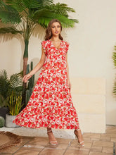 Floral V-Neck Cap Sleeve Summer Dress Red Woman Casual Dress