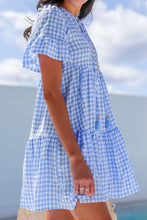 Gingham Short Sleeve Button Tie Split Neck Loose Mini Dress Casual Dresses