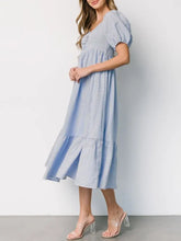 Striped Sweetheart Neck Puff Sleeve Midi Dress Casual Dresses