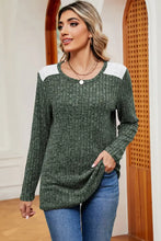 Eyelet Ribbed Round Neck Long Sleeve T-Shirt Woman T Shirts