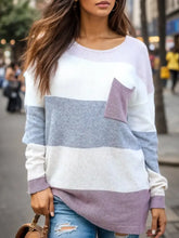 Striped Round Neck Sweater with Pocket Sweater Pullovers