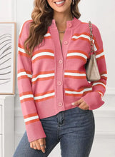 Striped Button Down Long Sleeve Cardigan Pink Woman Outerwear