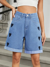 Heart-Pattern Rolled Hem Denim Shorts Denim Shorts