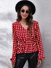 Plaid V-Neck Balloon Sleeve Peplum Blouse Deep Red Woman Blouses