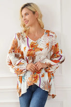 Printed V-Neck Smocked Balloon Sleeve Blouse Woman Blouses