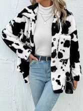 Cow Print Collared Neck Button Up Fuzzy Jacket White Woman Outerwear