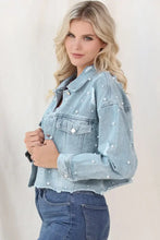 Distressed Pearl Trim Button Up Denim Jacket Woman Outerwear