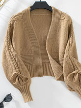 Cable-Knit Tied Open Front Lantern Sleeve Cardigan Woman Outerwear