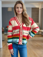 Striped Button Down V-Neck Long Sleeve Cardigan Woman Outerwear