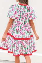 Floral Print Contrast Trim V Neck Bubble Short Sleeve Babydoll Dress Casual Dresses