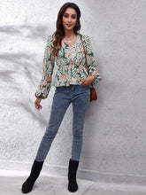 Floral V-Neck Balloon Sleeve Peplum Blouse Woman Blouses