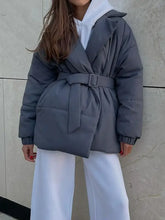 Puffer Long Sleeve Winter Coat with Belt Gray Woman Outerwear