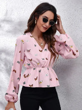 Butterfly V-Neck Balloon Sleeve Peplum Blouse Woman Blouses