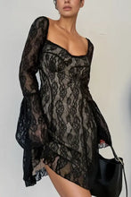 Lace Sweetheart Neck Flare Sleeve Mini Dress Black Woman Casual Dress