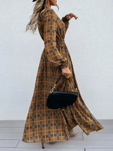 Slit Plaid Tie Neck Long Sleeve Maxi Dress Woman Maxi Dress