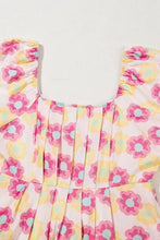 Floral Square Neck Puff Sleeve Pleated Flared Midi Dress Woman Casual Dress