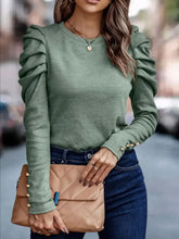 Round Neck Puff Sleeve Sleeve Blouse Sage Woman Blouses