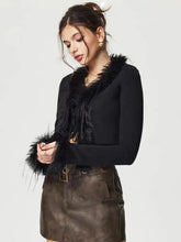 Tied Fuzzy Trim Long Sleeve Knit Cardigan Woman Outerwear