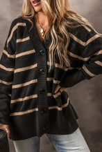 Striped Button Down Long Sleeve Cardigan Black Woman Outerwear