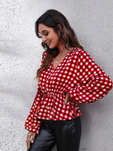 Plaid V-Neck Balloon Sleeve Peplum Blouse Woman Blouses