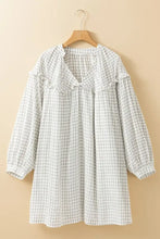 Frill Plaid Notched Balloon Sleeve Mini Dress Woman Casual Dress