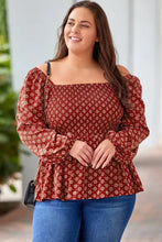 Plus Size Square Neck Balloon Sleeve Peplum Blouse Brick Red Woman Blouses