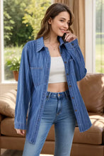 Striped Texture Collared Neck Denim Top Medium Woman Tops