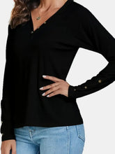Decorative Button V-Neck Long Sleeve T-Shirt Woman T Shirts