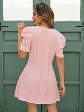 Eyelet Round Neck Puff Short Sleeve Mini Dress Woman Dress