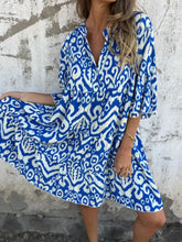 Full Size Printed Notched Half Sleeve Dress Plus Size Royal Blue Casual Dresses