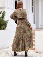 Printed Tie Neck Ruffle Hem Long Sleeve Dress Woman Maxi Dress